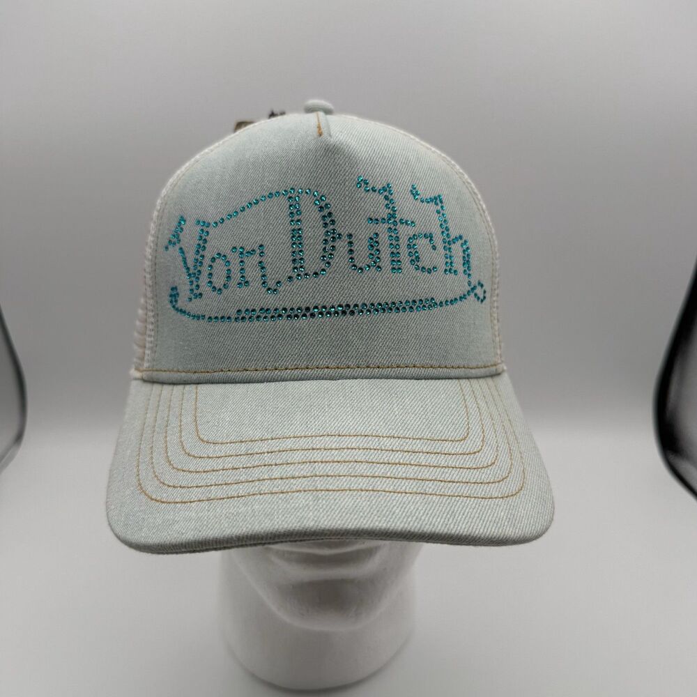 Von Dutch Trucker Hat Light Stone Bling Denim Snapback Cap